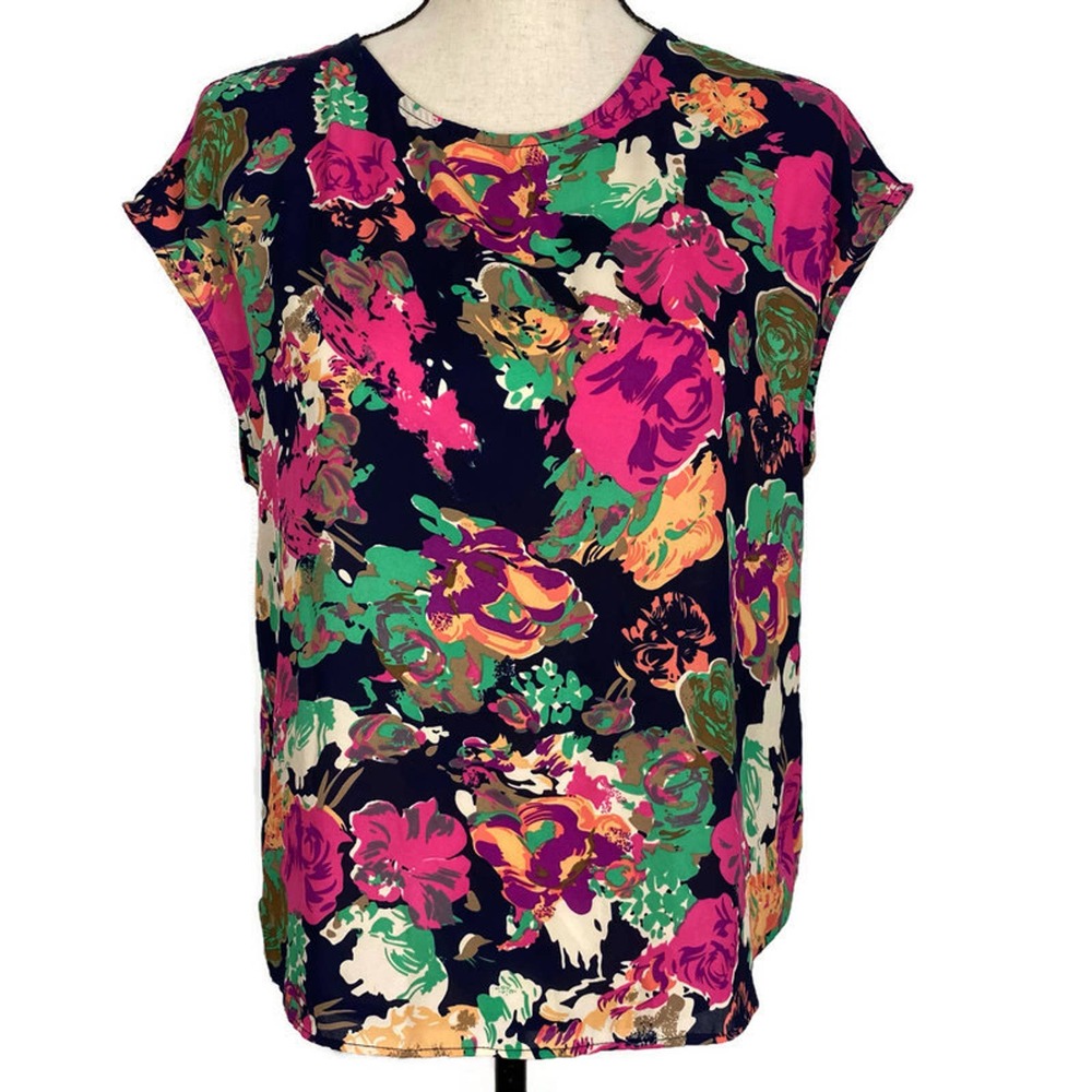Lucy & Laurel Floral Blouse Cap Sleeve Crewneck Short Sleeve Top Womens Sz Small